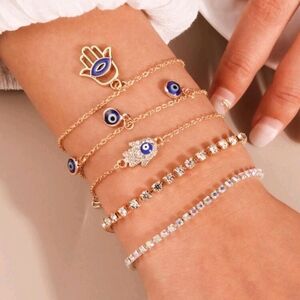 🧿🪬 Evil Eye Gold Tone Rhinestones Hamsa 5 Bracelets Set Chic Elegant NWT